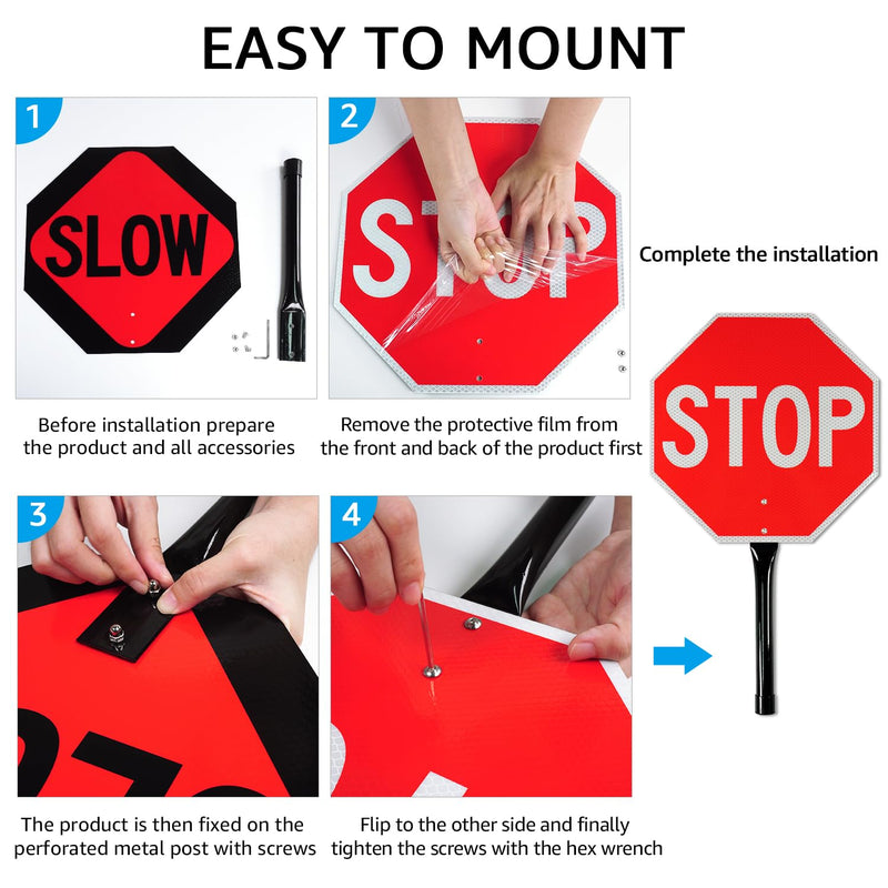 GicnKeuz Stop Slow Sign with Metal Handle, 13x13 inches Double Sided Slow/Stop sign, Traffic Reflective Aluminum Sign, Fade Resistant/Waterproof, Easy to Mount (2 Pack) STOP/SLOW sign 13"×13" - 2 pack