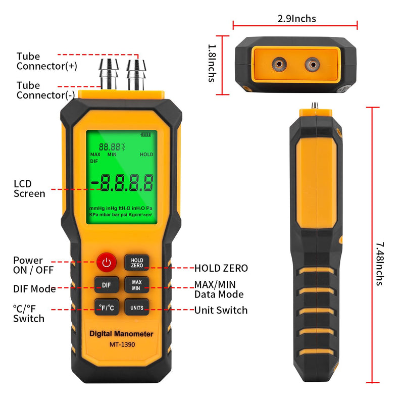 [Australia - AusPower] - 5/16 Inches Diameter Pressure Port Digital Manometer, YZT Meter Dual Port Air Pressure Meter Pressure Gauge HVAC Gas Tester, Differential Pressure Manometer 5/16 Inches Diameter Port 