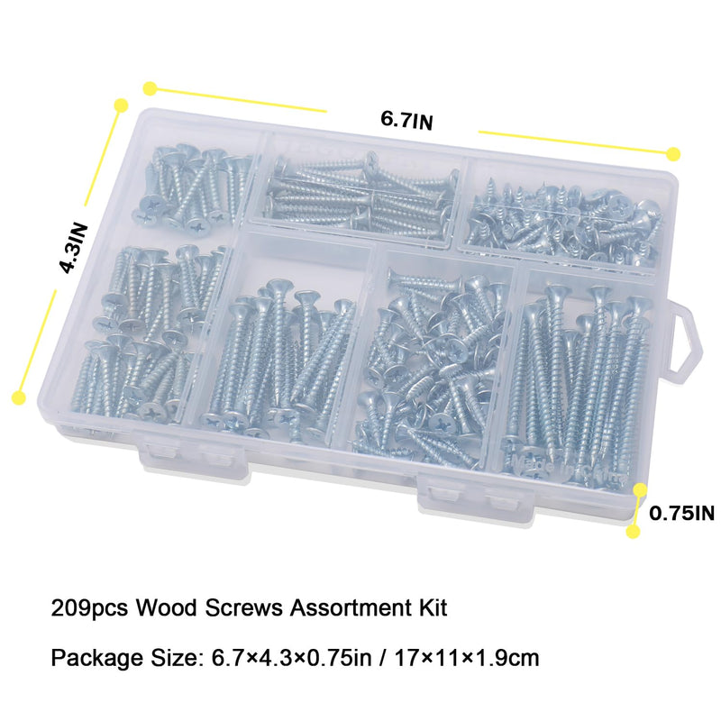 [Australia - AusPower] - High Hardness Wood Screws Assortment Kit, 209 pcs, Phillips Drive Flat Head, Wood Screws, Screws, Drywall Screws, Assorted Screws, Screws Set, 6 Sizes (2”,1-1/2”,1-1/4”,1”,3/4”,1/2”) 209 Screws 