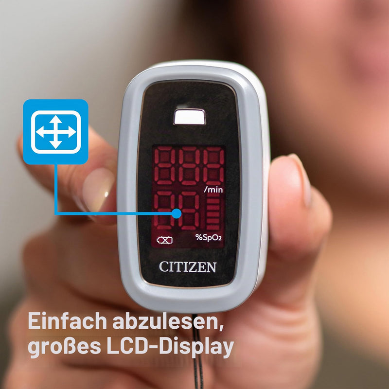 Citizen CMS50DL1 Finger Pulse Oximeter Oxygen Meter SpO2 Heart Rate Monitor | One-button operation for seniors and athletes, LCD display for blood oxygen and pulse, includes 2 x AAA batteries