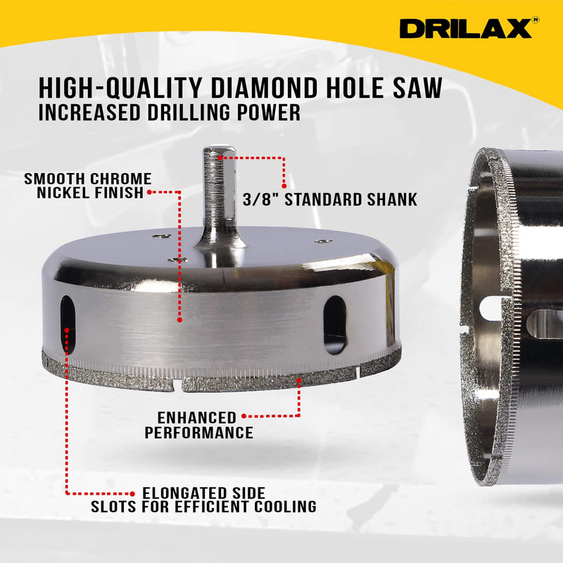 Drilax 3-1/8" Diamond Hole Saw for Tile, Porcelain, Ceramic, Glass, Marble & Granite | Precision Wet Drilling Core Bit | Perfect for Faucets, Pipes & Drain Holes | Professional Grade Tile Cutter 3-1/8 inch