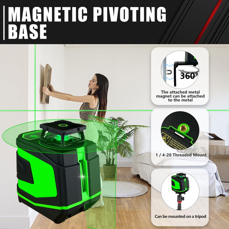 [Australia - AusPower] - 5 Line Laser Level,100ft Self-Leveling Green Laser Level,Cross Line Laser,Vertical and horizontal lines,Rotates 360 Degrees,Include Magnetic Pivoting Base, Portable Bag, Laser Target Plate,Batteries 5 LINE 