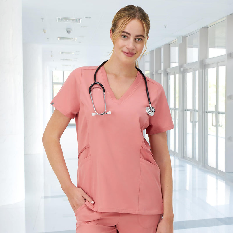 [Australia - AusPower] - Hanes Women's Scrubs Healthcare Top, Moisture-Wicking Stretch Scrub Shirts, Ribbed Side Panels Medium Rose Ranch Pink 