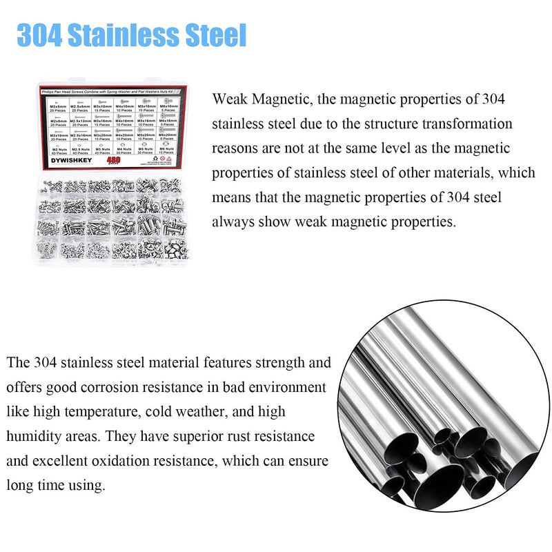 [Australia - AusPower] - DYWISHKEY 480 PCS M2 M2.5 M3 M4 M5 M6, 304 Stainless Steel Phillips Pan Head Screws Combine with Spring Washer and Flat Washers Nuts Assortment Kit 