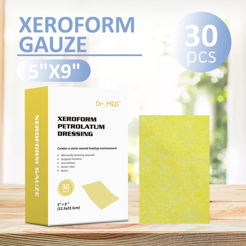[Australia - AusPower] - Dr.Med Xeroform Petrolatum Dressing Patch, 5"x9"-30 Pcs/Box, Non-Adherent Gauze Dressings, for Minor or Partial Thickness Burns, Lacerations, Skin Graft Recipient Sites, Newly Sutured Wounds 5"x9" (30 Pcs/Box) 