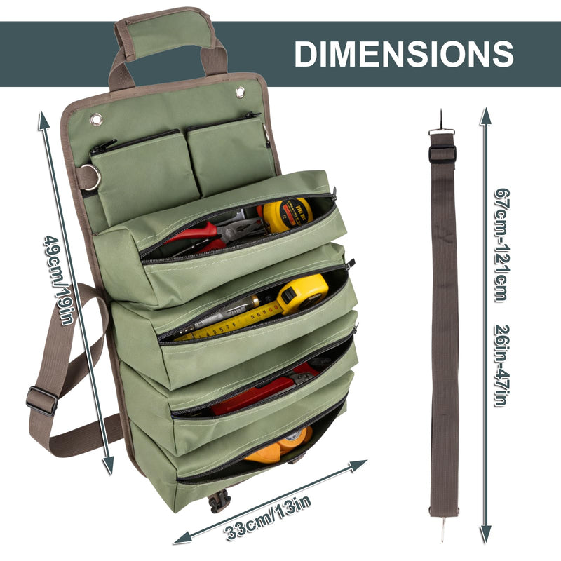 ITTAR Roll Up Tool Bag Organizer, Heavy Duty Motorcycle Tool Roll Up Bag with 4 Large Zipper Pockets, 2 Detachable Pouches, 5 Slots Pockets, Portable Tool Roll Bag Men Gifts for Mechanic, Electricians