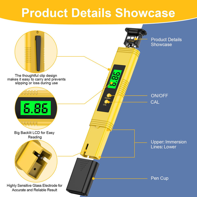 [Australia - AusPower] - 2025 All-New pH Meter for Water - High Accuracy Digital pH Tester (0.01 Precision) with UL Certification and 3 pH Calibration Powders - Ideal for Home Water, Hydroponics, Aquariums, Pools, and More Yellow 