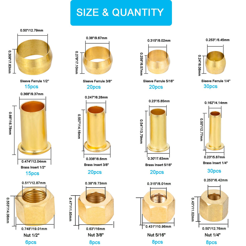 1/4", 3/8", 5/16", 1/2" OD Brass Compression Insert,Sleeve Ferrule,Nut 200PCS 200PCS 4Sizes Sleeves Ferrules,Insert,Nuts