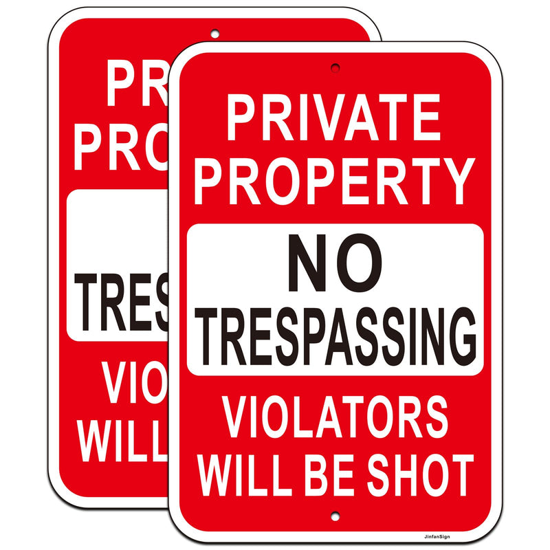 2 Pack Large Private Property No Trespassing Sign, Violators Will Be Shot Sign, 18"x12" Engineer Grade Rust Free Reflective Aluminum, Fade/Weather Resistant, UV Protected, Easy to Install Red-18"x12"