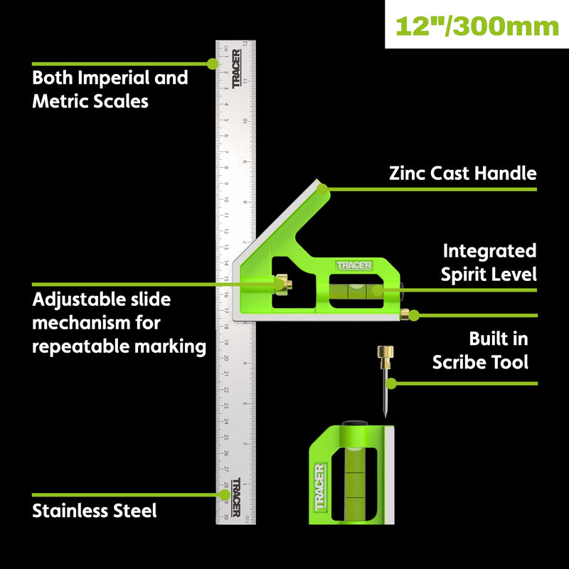 TRACER 12 Inch Combination Square with Level | Adjustable Square Tool for Woodworking Carpenter | Metric & Imperial Ruler Stainless Steel Combo Square | Escuadras de Carpintero | Built in Scribe Tool