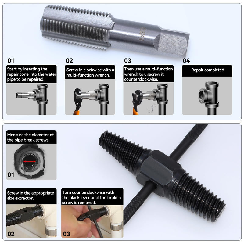 4 Piece Pipe Tap Set, 1/2 and 3/4 Inch Tap, Double Head Screw Extractor with Metal Rod, Professional Tap for Repair Thread