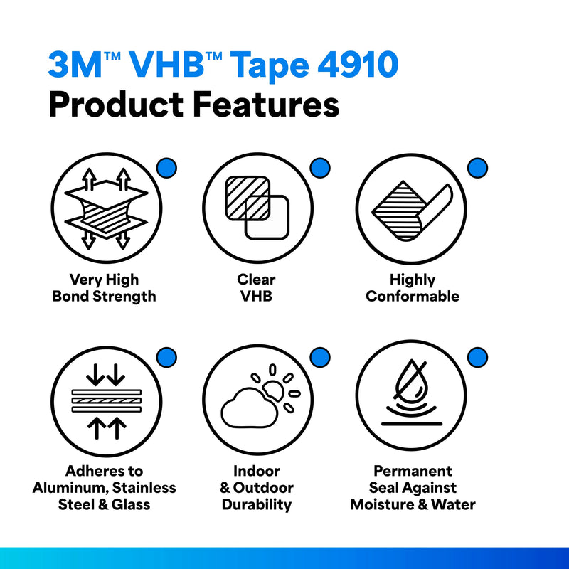3M VHB Heavy Duty Mounting Tape 4910, Clear, 1 in width x 5 yd length (1 Roll) 0.040 Inches 1 inches 5 Yards