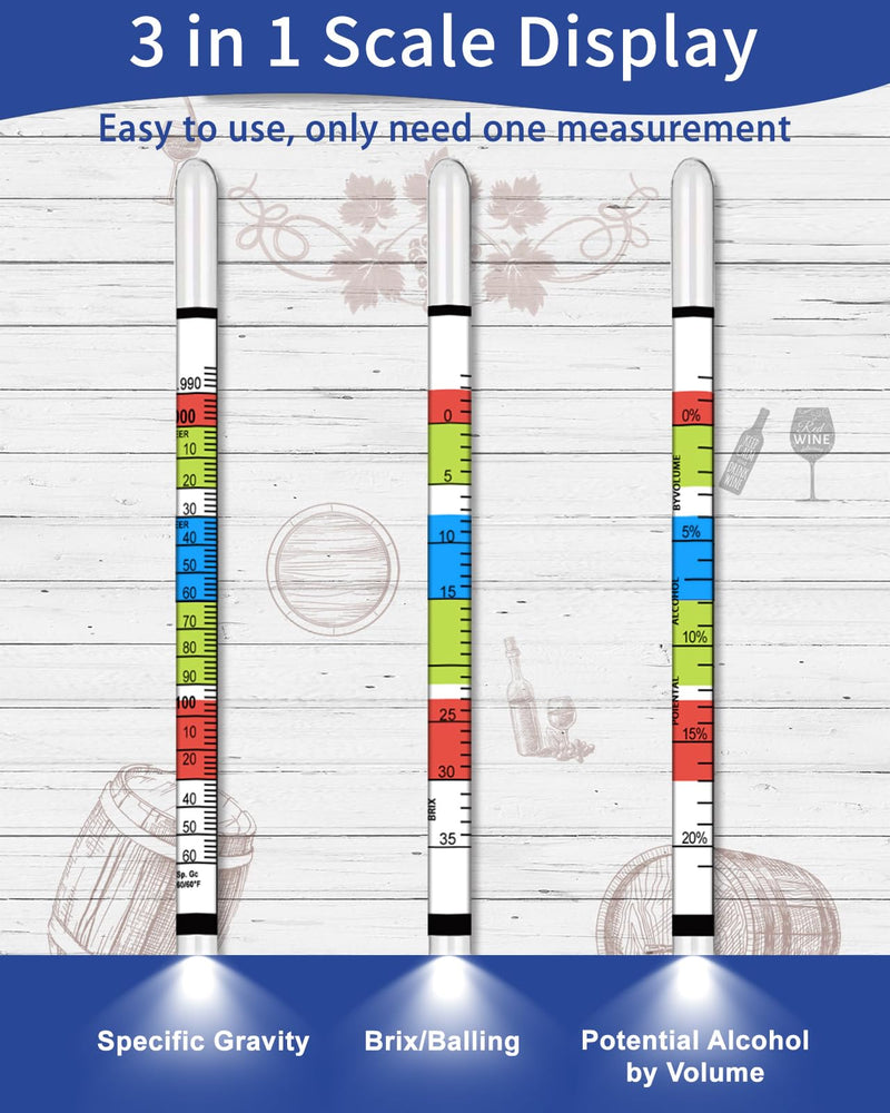 [Australia - AusPower] - CIMALAB Triple Scale Hydrometer, Specific Gravity Hydrometer for Wine Making, Mead, Kombucha & Beer, Mead Making Kit, ABV Tester, Brix Tester, Hydrometer Alcohol Tester for Wine Making Supplies 
