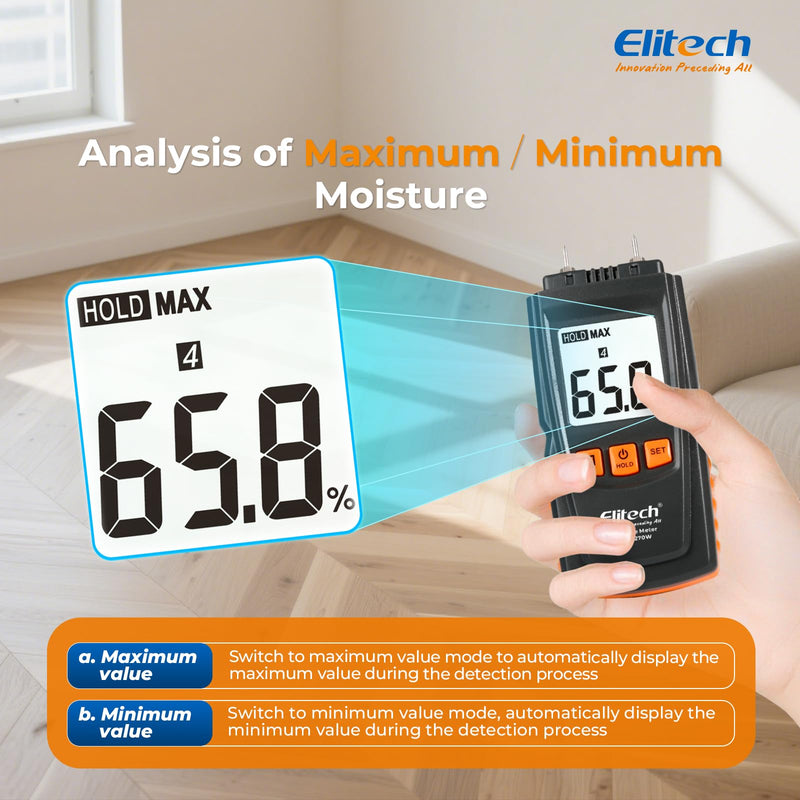 [Australia - AusPower] - Elitech Digital Moisture Meter Water Leak Detector with Pin Probes, Moisture Tester for Wood Floors Walls with 4 Wood & Material Modes, Hold Function, Max/Min Reading MOT-270W 