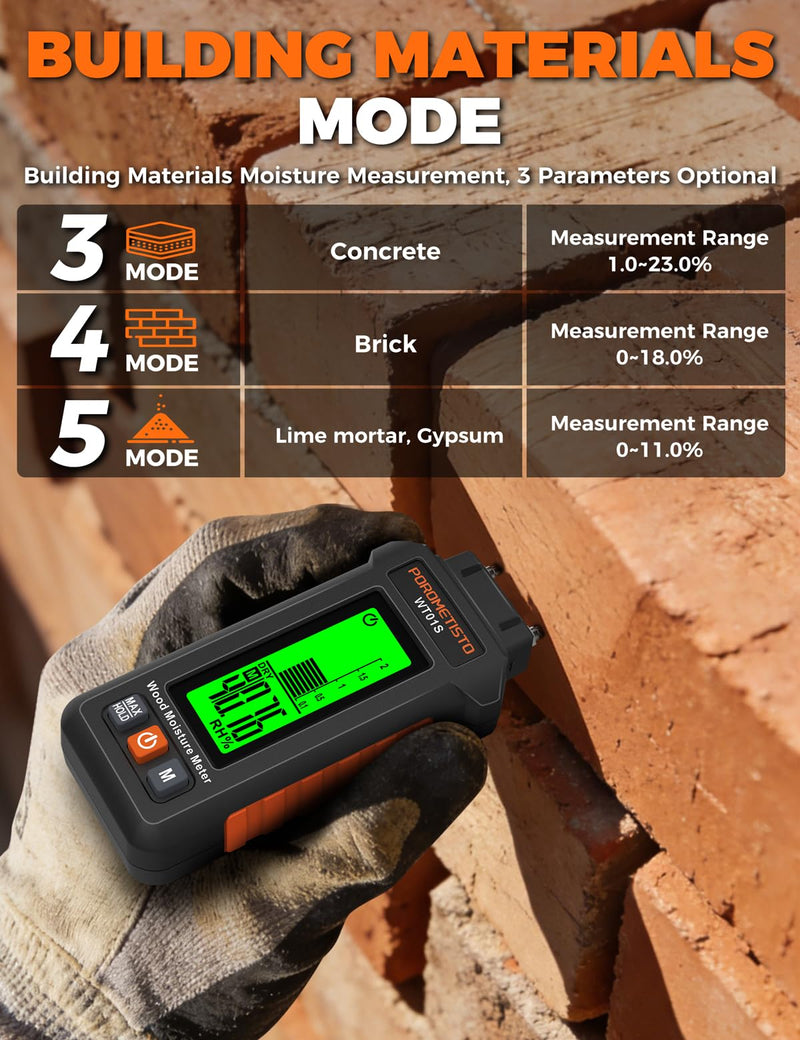 [Australia - AusPower] - 5 in 1 Moisture Meter, POROMETISTO 5 Modes Wood Moisture Meter with Three-Color Backlight, Data Hold & Max Measurement, Ideal for Wood (Oak/Pine/Walnut) and Building Materials 