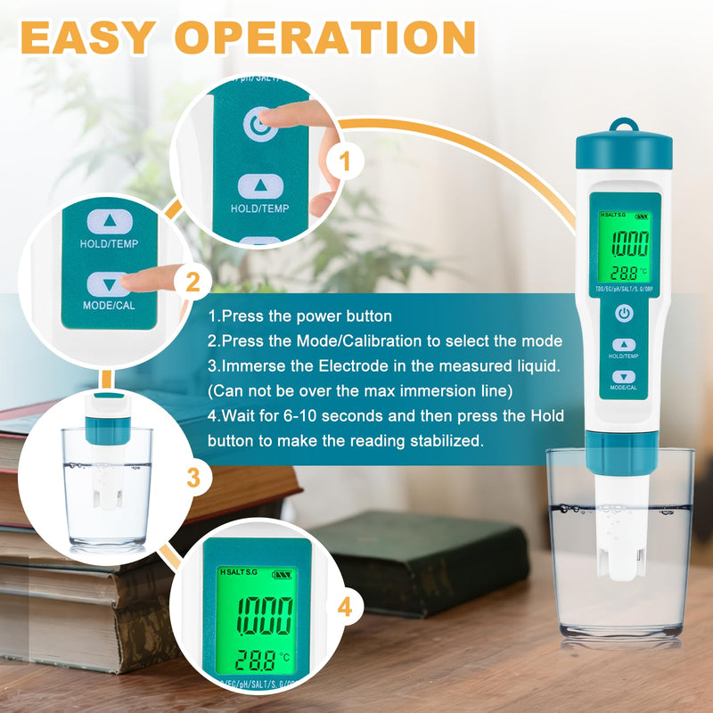 [Australia - AusPower] - PH Meter Water Quality Tester 8 in 1 TDS Meter PH/TDS/EC/ORP/S G/Salinity/ H2/ Temp Meter for Drinking Water, Pools, Hydroponics, Sea Water, Liquid Fertilizer 