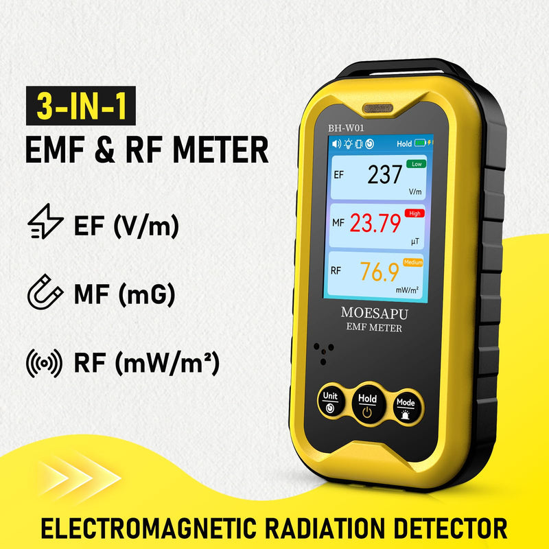 EMF Meter, 3-in-1 Electromagnetic Radiation Detector for EF MF RF Field, Electric Magnetic Radio Frequency Monitor, Portable Rechargeable Battery Reader for Microwave Ghost Hunting, BH-W01 Yellow