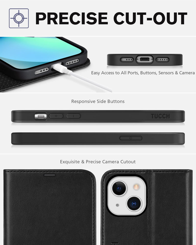 [Australia - AusPower] - TUCCH Case for iPhone 13 Wallet Case, PU Leather Flip Folio Case with [Shockproof TPU Inner Shell], RFID Blocking Card Holder Kickstand Phone Cover Compatible with iPhone 13 6.1-inch 2021, Black 