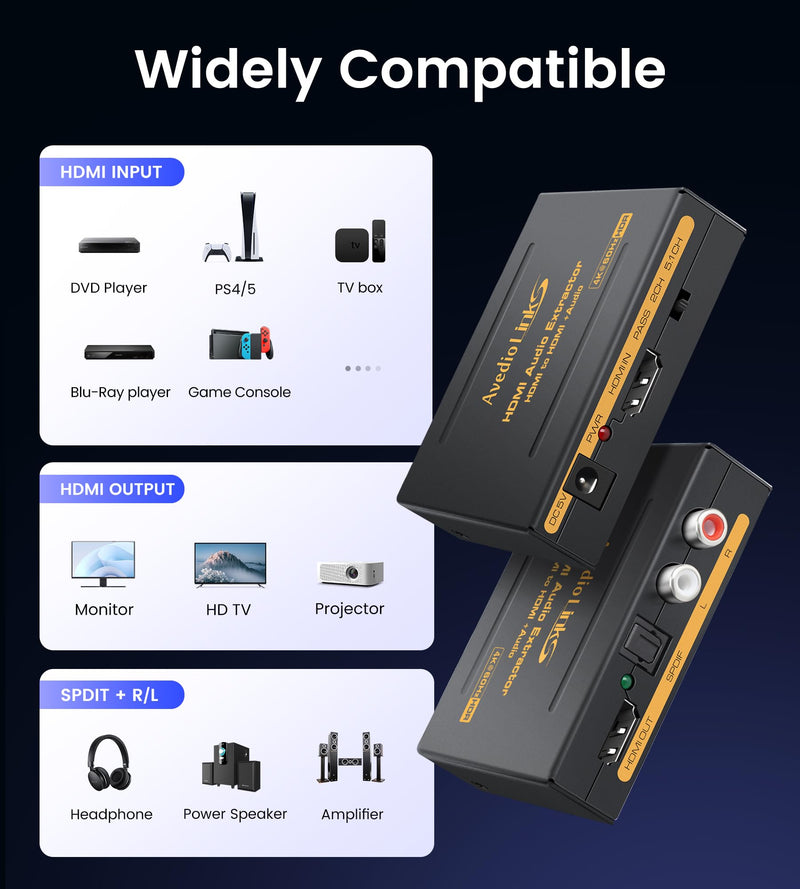 avedio links 4K 60Hz HDMI Audio Extractor Converter with CEC, SPDIF + L/R Stereo 3.5mm Out, HDMI2.0 HDCP2.2 Dolby Digital/DTS/Dolby Vision HDR for Fire Stick, Blu-Ray Player 4K 60Hz Black