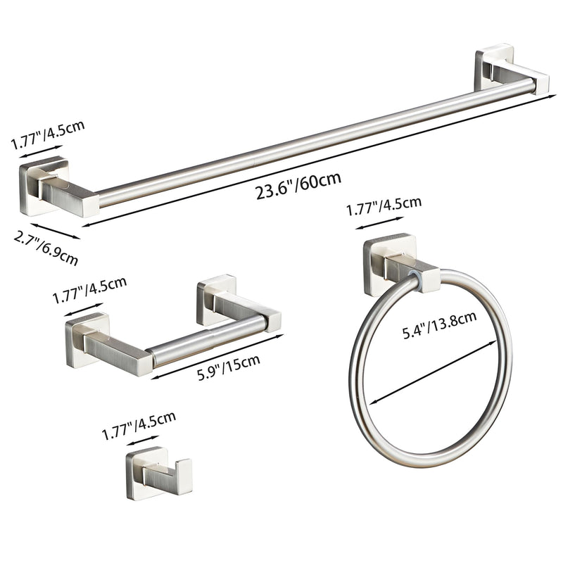 Brushed Nickel Bathroom Hardware Set 4 Pieces,Bathroom Accessories Set Stainless Steel Wall Mounted, Hand Towel Bar, Towel Ring, Robe Towel Hooks,Toilet Paper Holder,Towel Bar Set, 23.6 Inch Brushed Nickel 23.6Inch