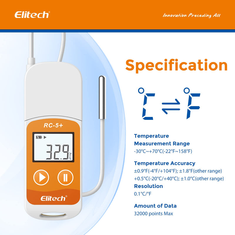 [Australia - AusPower] - Elitech RC-5+ TE Digital PDF USB Temperature Data Logger Reusable Recorder Refrigerator Thermometer 32000 Points High Accuracy (Extra External Sensor) 1 