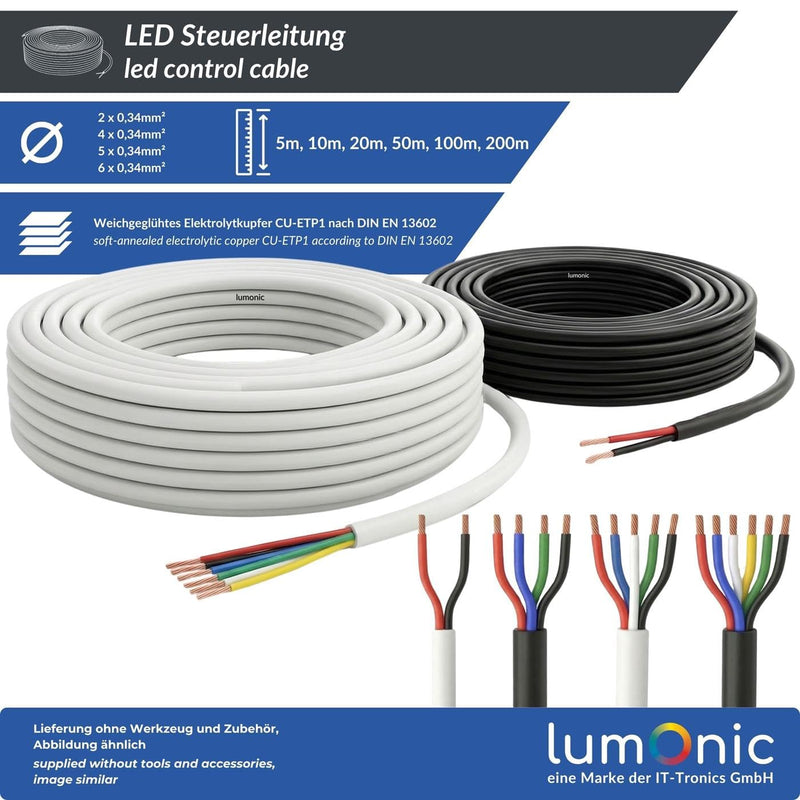 Lumonic 5 x 0.34 mm² RGBW LED Control Cable, Black, 5 m, Sleeved 5-Core Cable, Flexible, LiYY Extension, Power Cable, LED Cable, Control Cable 5 metres