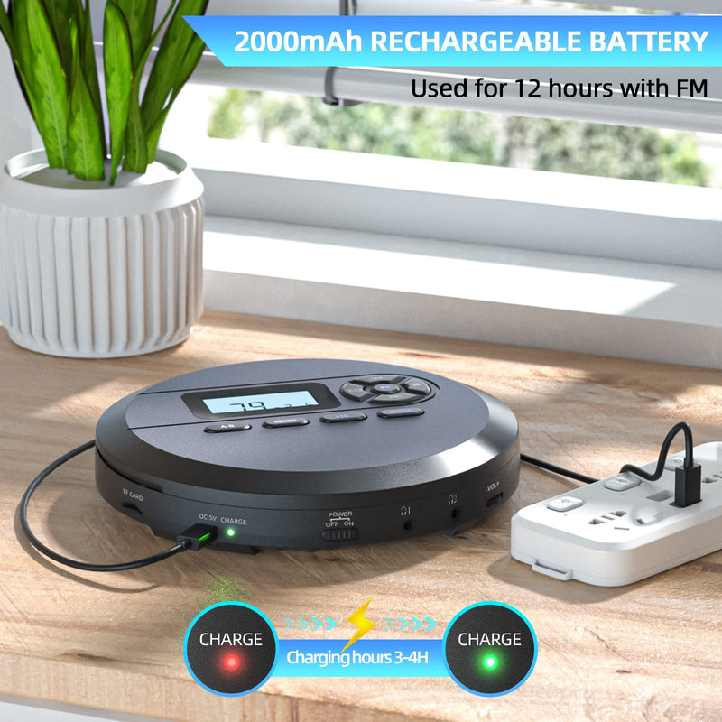 [Australia - AusPower] - CD Player Portable, DESOBRY Portable CD Player with Speakers & FM Transmitter, Compact CD Player for Car Built-in 2000mAh Rechargeable Battery, Walkman CD Player with LCD Screen, Earphones, AUX Cord 