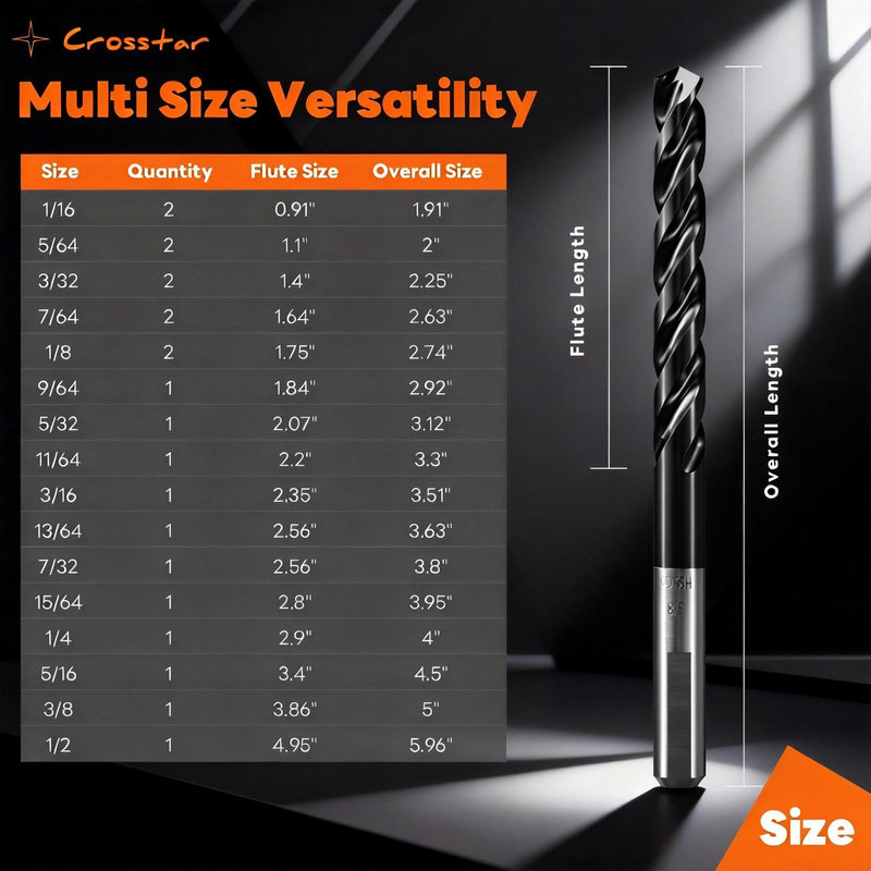 Crosstar M35 Cobalt Drill Bit Set for Hardened Metal & Stainless Steel - Titanium Aluminum Nitride Coated (TiAlN), Three-Flute Design, 10pcs 1/4" Metal Drill Bits 10pcs(1/4in)