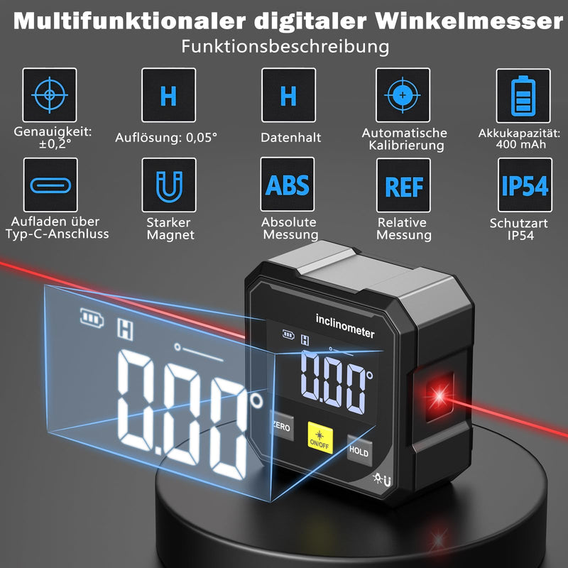 Digital Protractor Laser Spirit Level, Rechargeable with LED Large Display, Four Sided Strong Magnet, Inclinometer for Woodworking, Construction and Decoration