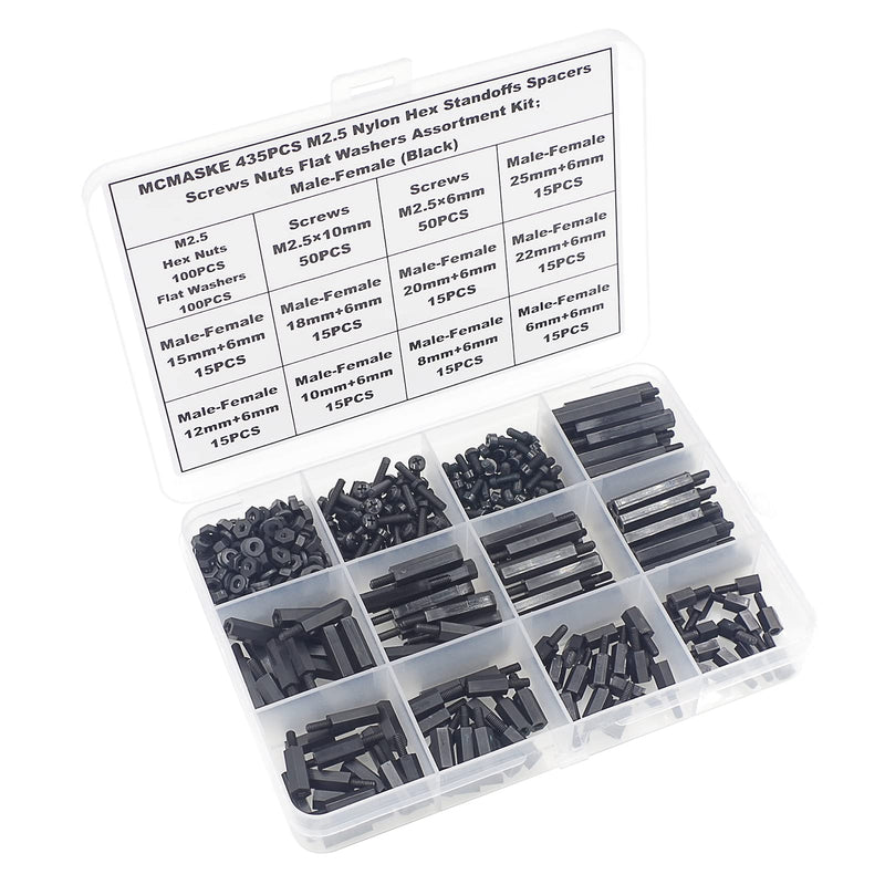 [Australia - AusPower] - 435PCS M2.5 Nylon Hex Standoffs Spacers Screws Nuts Flat Washers Assortment Kit;Male-Female(Black) 