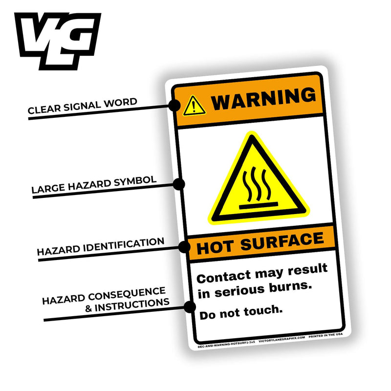 WARNING Hot Surface Safety Labels – ANSI Z535 Industrial Safety Signage, 3x5 Inch Waterproof Vinyl Hazard Decals, High-Temperature Equipment Warning, 10 Pack