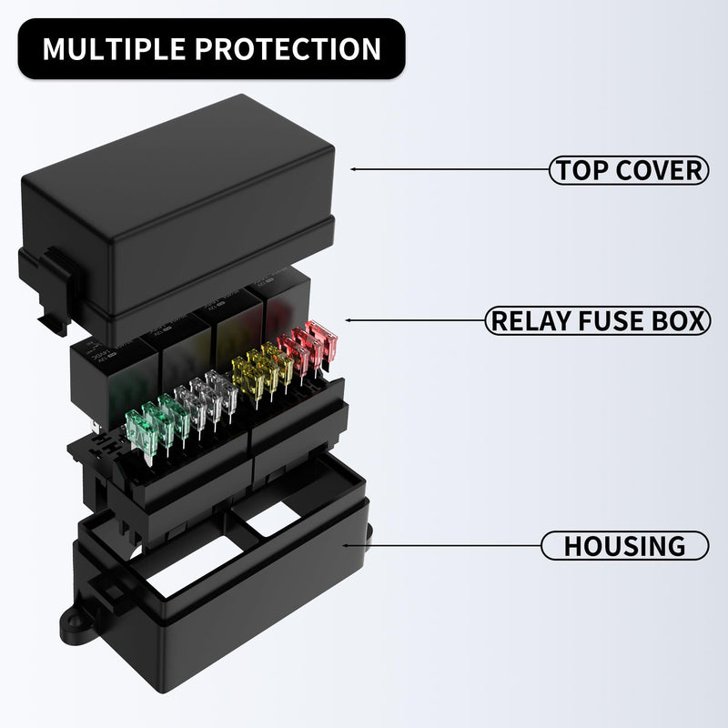 [Australia - AusPower] - RVBOATPAT 12 Volt Fuse Relay Box Pre-Wired Fuse and Relay Box with 4 Relays and 12 Way ATC/ATO Fuses Sealed 12V Relay Fuse Box Block for Auto Car Marine Boat 