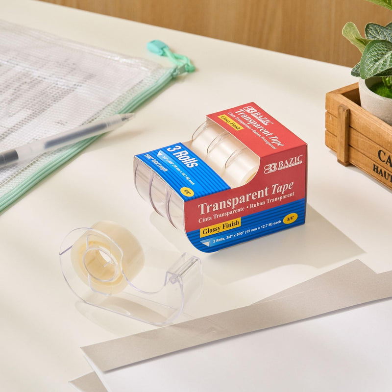 BAZIC PRODUCTS 3/4in x 500in Transparent Tape, 3 Count, for Office Home School, 2 Pack 2-Pack