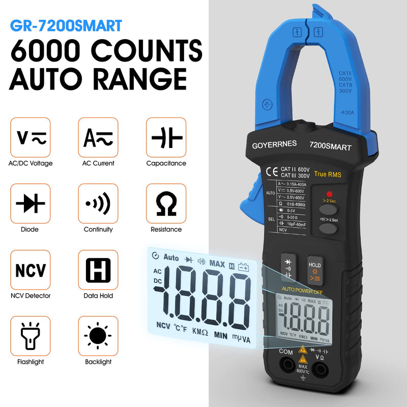 [Australia - AusPower] - Digital Clamp Multimeter,TRMS 6000 Counts Clamp-on Avometer AC DC Voltage Current DMM Test Meter, Auto Range Ammeter Measure Resistance Capacitance Diode Continuity NCV 