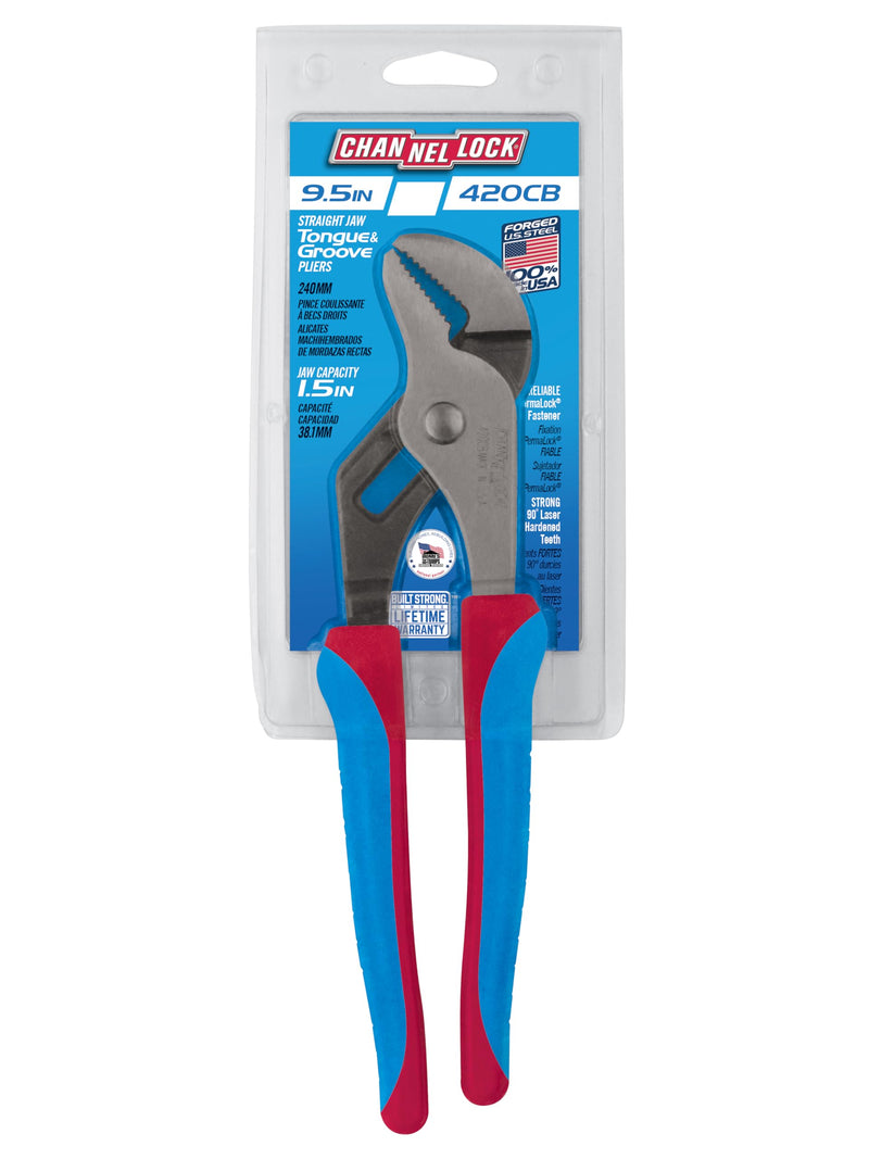 CHANNELLOCK 420CB 9.5-inch CODE BLUE Straight Jaw Tongue & Groove Pliers, Made in USA, Forged High Carbon Steel