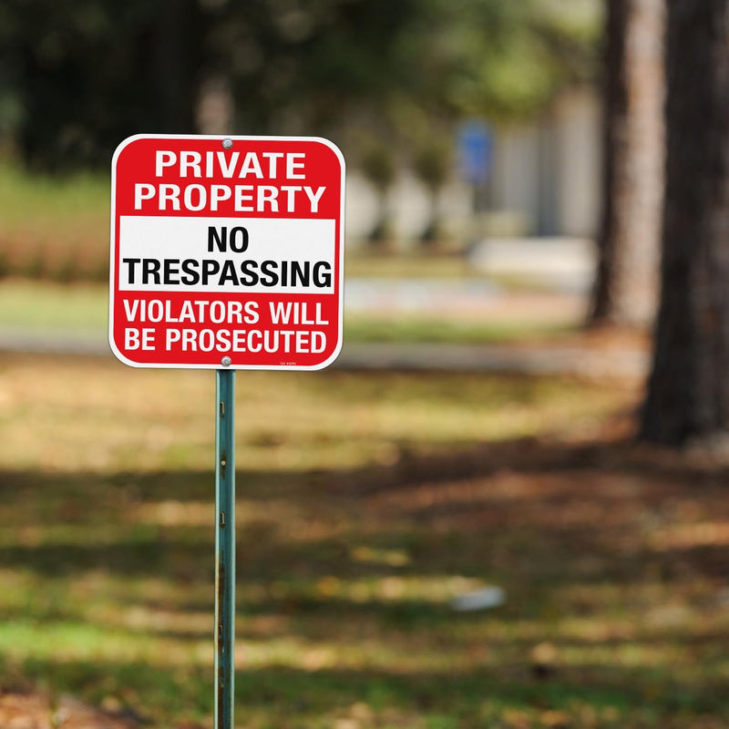 T&R Large (4 Pack) Private Property No Trespassing Sign - 12 x 12 Inches .040 Aluminum - 2 Pre-Drilled Holes - UV Protected, Waterproof and Fade Resistant RED - 12" x 12" - 4 Pack
