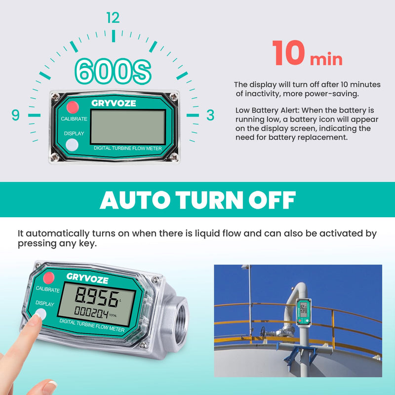 [Australia - AusPower] - 3/4 Inch Digital Turbine Fuel Flow Meter, 0.8-13.2 GPM Inline NPT Thread Flowmeter with 360° Swivel Connector for Water, Diesel, Gas Oil, Gasoline, Kerosene & More, Supports Gallon, QTS, PTS, L, m³. 3/4 inch 