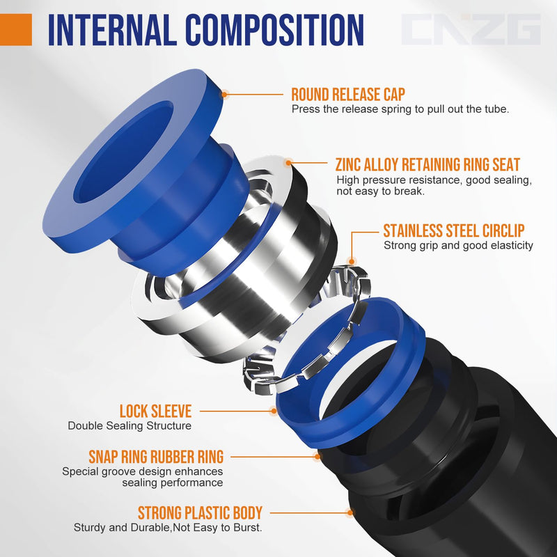 [Australia - AusPower] - 60pcs 1/4" OD Push to Connect Air Hose Fittings Kit, Quick Connects Pneumatic For Air Line Inch Tubing (Tee, Straights, Elbows, Splitters and Plug) 1/4"OD Blue Box 60 