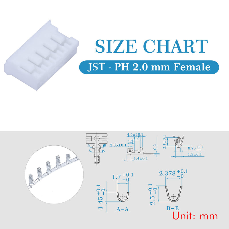 [Australia - AusPower] - JST PH 2.0 mm Pitch 5-Pin Electronic Computer Connector IC Male Plugs, Female Sockets Housing and T-Shaped Crimp Terminal Kit. 50 Sets/350 Pieces Wire-to-Board Adapter Cable Assembly. 