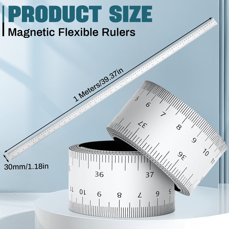 Relaxweex 4 Pcs 39.37 Inch Magnetic Ruler Flexible Tape Magnetic Tape Measure with Both Inches and Centimeters, Suitable for Classroom Whiteboard, Lathes, Workshops, Mills, Easy to Take (White) White