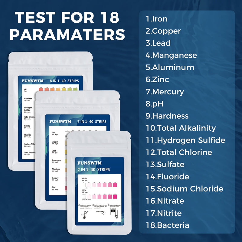 [Australia - AusPower] - Home Water Testing Kits for Drinking Water: 18 in 1 200 Strips + 5 Bacteria Tests Kit- Well Tap Home Water Test Strips for Lead Bacteria Fluoride Hardness Iron pH and More 200WT5BT 