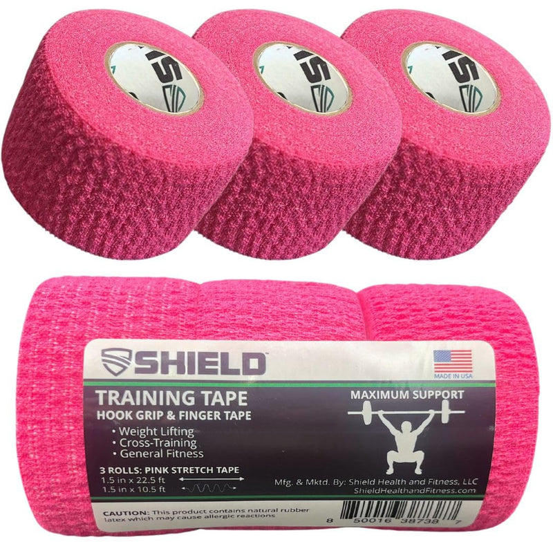 SHIELD | Weightlifting Tape - Made in USA, Hook Grip, Cross-Training, WOD Grip Tape 3-Pack– Durable, Non-Slip, Comfortable Stretchy Athletic Tape – Thumb, Wrist, Finger Protection (Pink) Pink