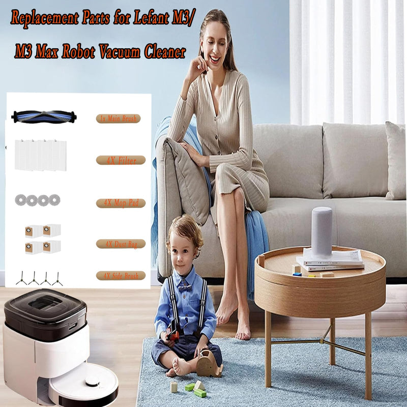[Australia - AusPower] - Replacement Parts for Lefant M3 Robot Vacuum Cleaner Accessories kit, 17Pcs 1 Main Brush 4 HEPA Filter 4 Mop Pad 4 Dust Bag 4 Side Brush 