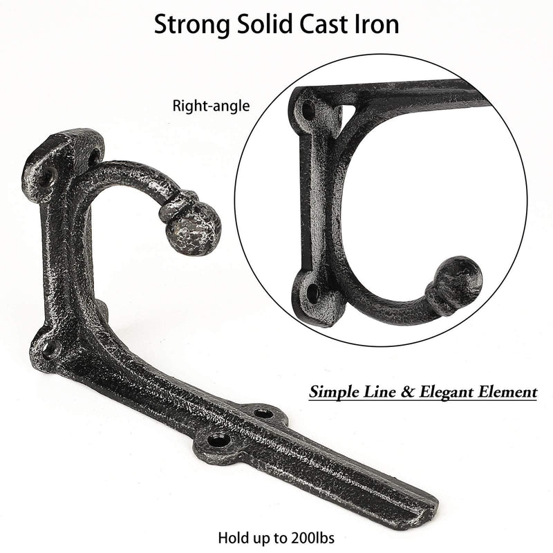 Rustic Shelf Brackets & Supports, Black Shelf Bracket with Hook, Cast Iron Wall Shelf Brackets, Heavy Duty Brackets for Wood Shelves, 6 Inch 2 Pack 6Inch 2Pack