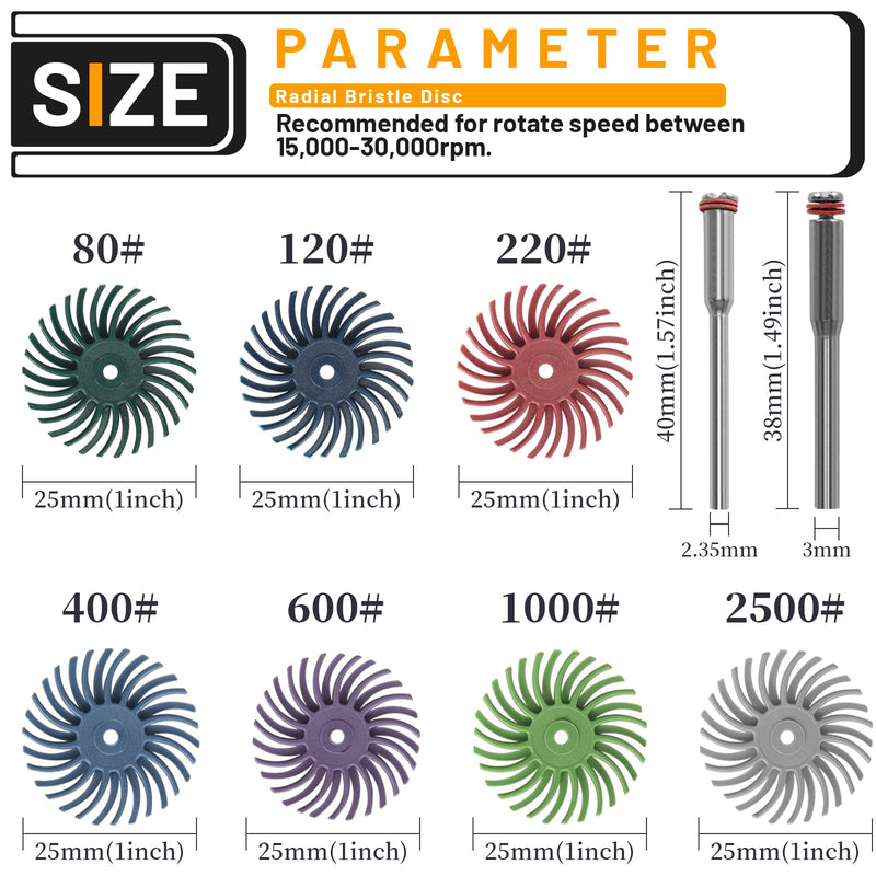[Australia - AusPower] - 76Pcs 1 Inch Radial Bristle Disc Kit with 1/8" Shank for Rotary Tools,Detail Abrasive Brush for Jewelry Wood Metal Polishing, Bristle Wheel with Grit 80-2500 