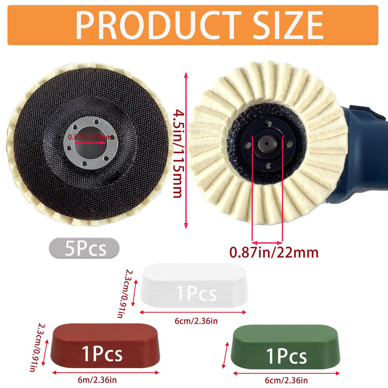 [Australia - AusPower] - 8 Pcs Wool Polishing Wheel and Compound Set Includes 5 Pcs Wool Felt Flap Polishing Disc & 3 Pcs Buffing Compound, 4-1/2 x 7/8 Inch for Angle Grinder, Multi-Surface (8) 8 