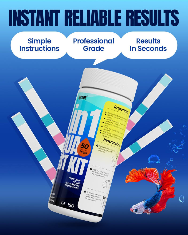Aquarium Test Strips - 8-in-1 Aquarium Water Test Kit: Fish Tank Testing Kit for Freshwater & Saltwater, 50 Strips,Fast & Accurate Ammonia, pH, Hardness, & More， Lead Water Test Kit for Ponds W-8