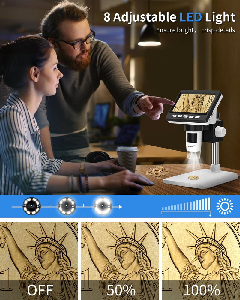 CIMELR 4.3 Inch Digital Microscope, 50X-1000X Resolution, USB Microscope with 8 Adjustable LEDs, Microscope for Adults / Children (307-B) 307-PL
