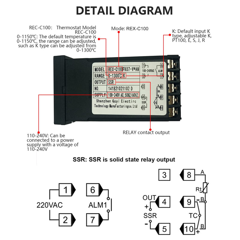 [Australia - AusPower] - PID Temperature Controller, Digital Display REX-C100 Temperature Controllers Box with Solid State Relay SSR 40DA and K Thermocouple Probe, Universal 100-240V (PID+40DA SSR+Heat Sink+K Sensor) PID+40DA SSR+Heat Sink+K Sensor 