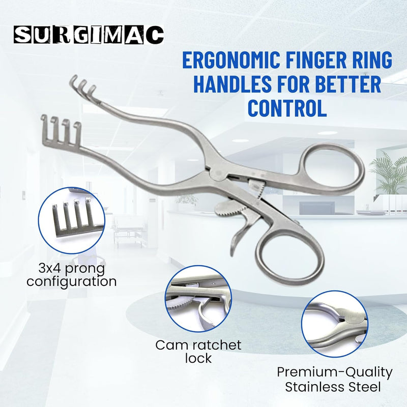 [Australia - AusPower] - Weitlaner Retractor 4.5” Blunt 3x4 Prong Stainless Steel Retractor Autoclave able and Sterilize able Teeth Grip Finger Rings Retractor Oral Surgery Instruments Surgical Dental Tools 